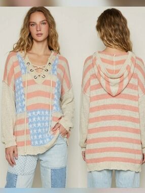 POL American Flag V-Neck Lace Up Hooded Knit Tunic Sweater USA Size M